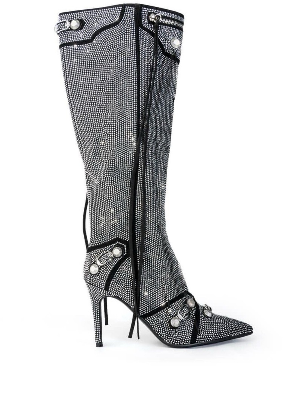 Crystal-Embellished Knee-High Stiletto Boot - Black